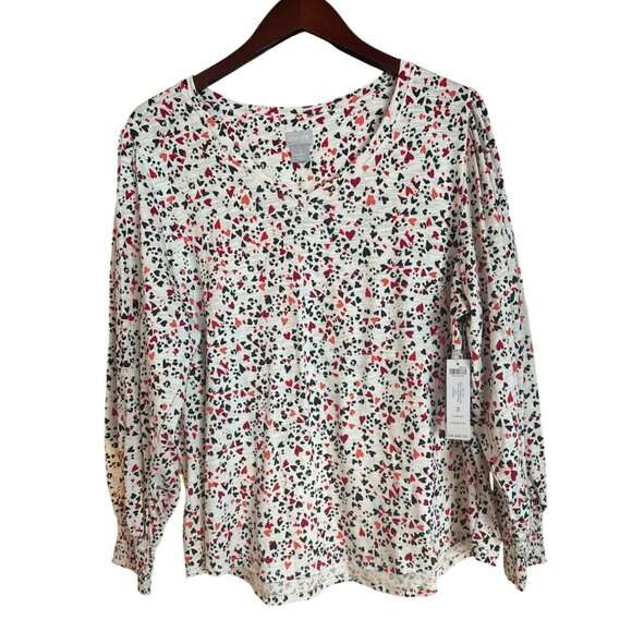 Chicos Knit V-Neck Top Red Black Heart Print Long Sleeves Size XL 3 NWT - Picture 1 of 7